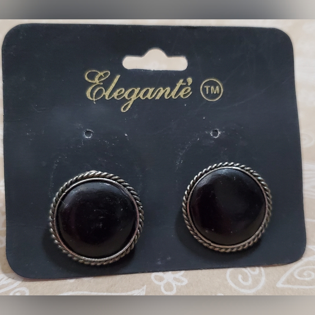 Elegante' Vintage Clip Earrings** Large Black Circles In Silver**Nos**Style 2576